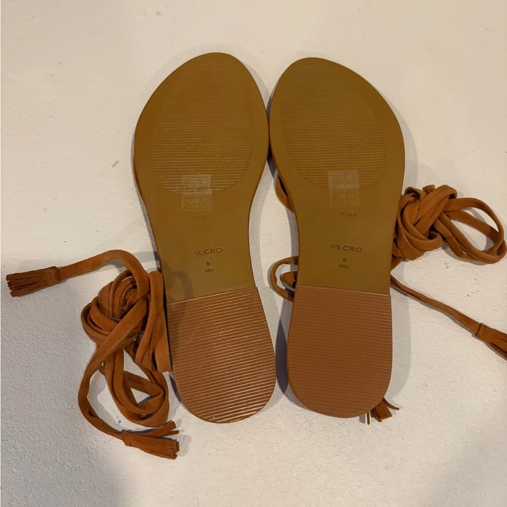 Anthropologie Pilcro Tie Up Sandals sz 8 Brown Flats Tassle NWT - Picture 8 of 10